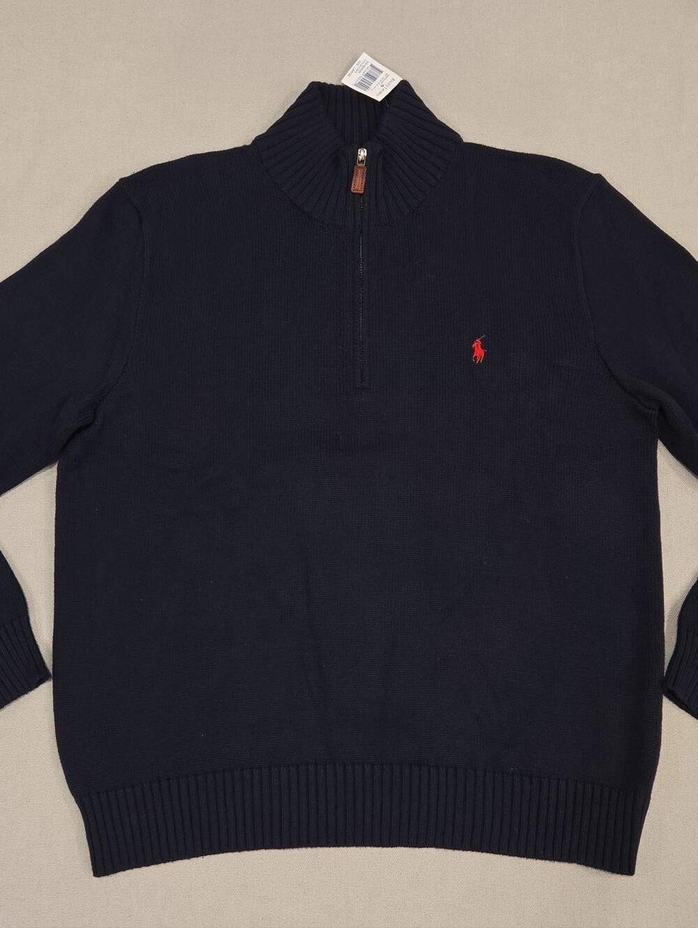 Polo Ralph Lauren Mesh Knit 1/4 Zip Sweater Leather Pull Men Size Large Blue NWT